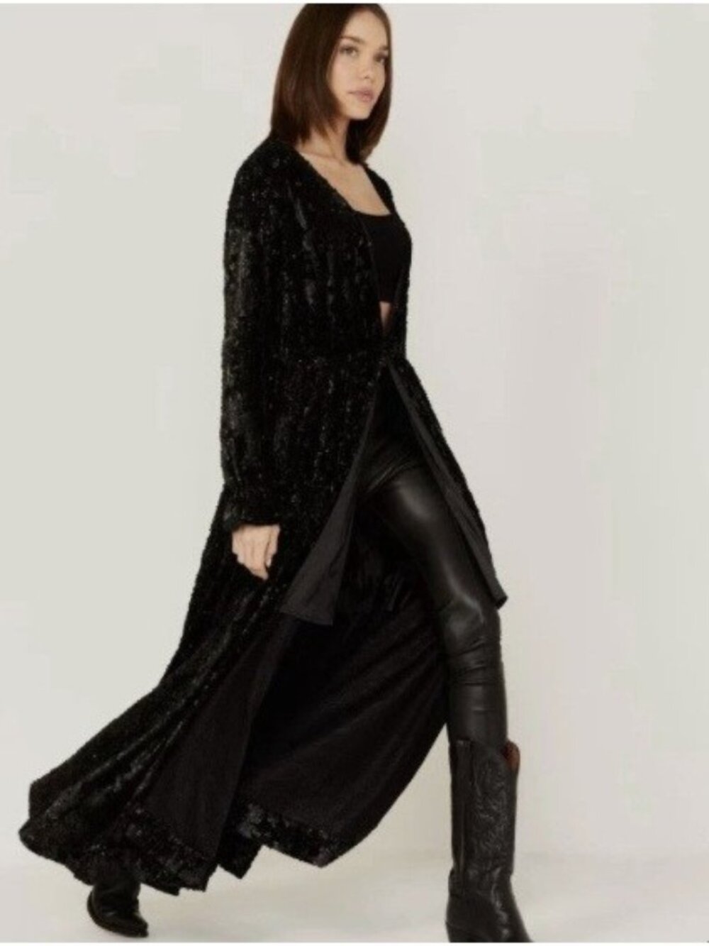 Shyanne Long Sleeve Velvet Sequin Duster Jacket Heavy Black M